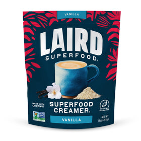 Laird Superfood Non-Dairy Vanilla Coconut Powder Bag showing shelf-stable creamer option for vegan coffee