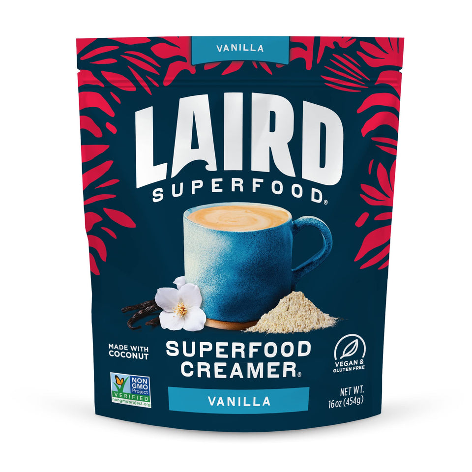 Laird Superfood Non-Dairy Vanilla Coconut Powder Bag showing shelf-stable creamer option for vegan coffee