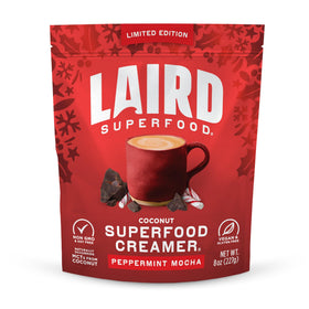 Laird Superfood peppermint mocha creamer bag ready to mix with coffee