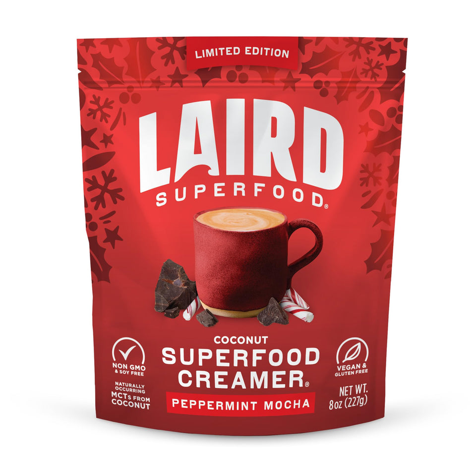 Laird Superfood peppermint mocha creamer bag ready to mix with coffee