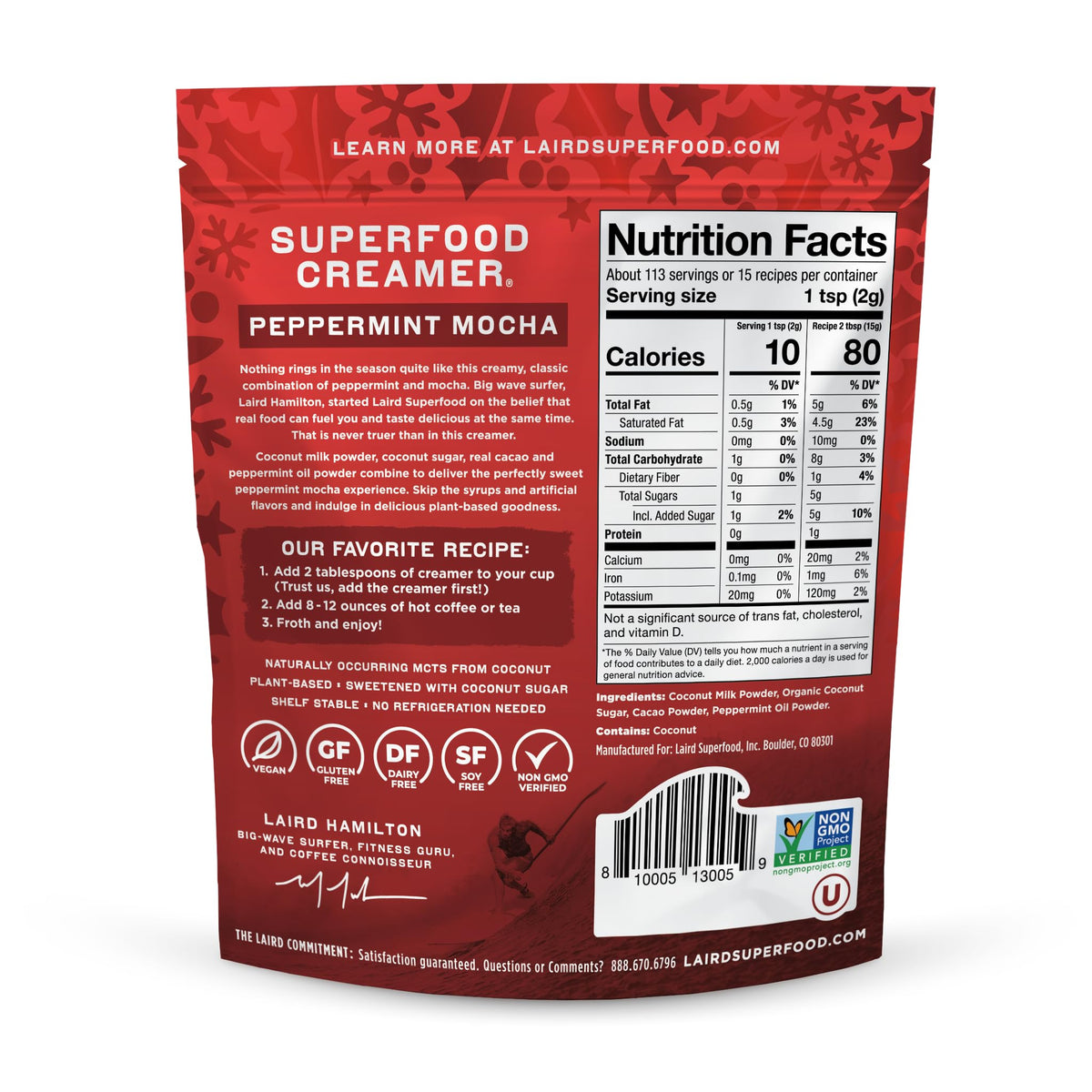 Laird Superfood peppermint mocha creamer powder close-up showing cocoa and mint