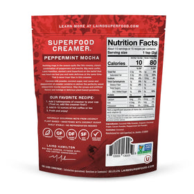 Laird Superfood peppermint mocha creamer powder close-up showing cocoa and mint