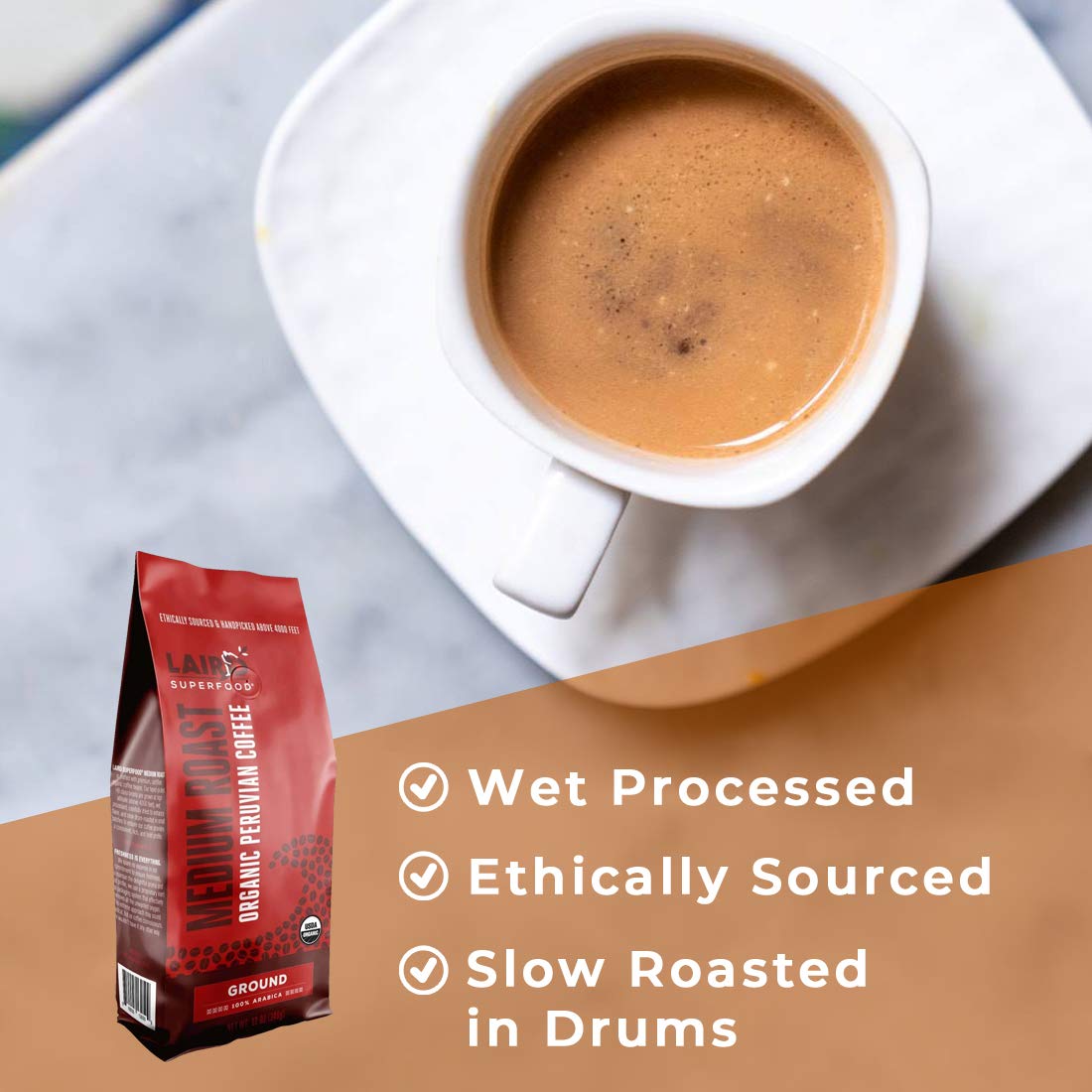 Laird Superfood Peruvian coffee cup with steam suggests inviting aroma and smooth sip