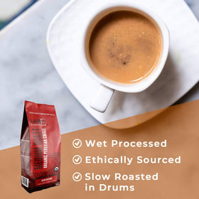 Laird Superfood Peruvian coffee cup with steam suggests inviting aroma and smooth sip
