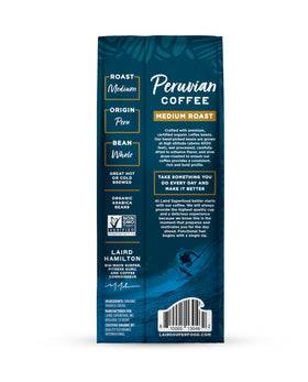 Laird Superfood Peruvian coffee bag highlights ethical sourcing and dairy-free quality.