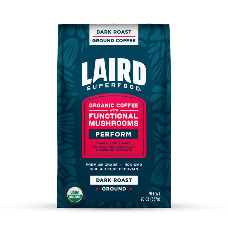 Laird Superfood Peruvian Dark Roast coffee bag highlighting functional mushroom blend for bold, balanced flavor.