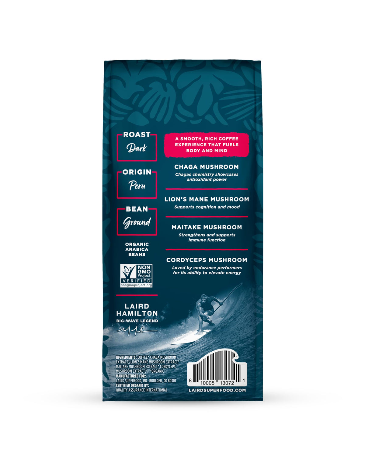Laird Superfood Peruvian Dark Roast coffee beans from high-altitude Peru for rich flavor