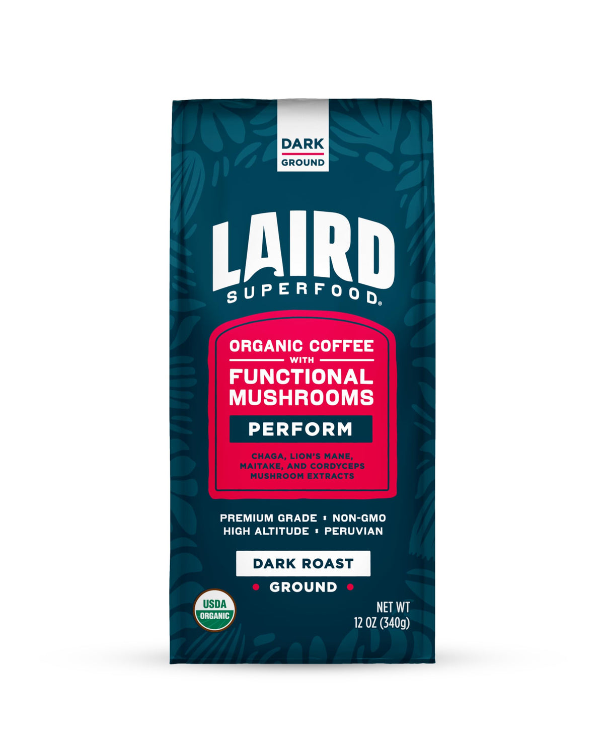 Laird Superfood Peruvian Dark Roast label with mushrooms offering bold aroma and balanced body
