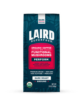 Laird Superfood Peruvian Dark Roast label with mushrooms offering bold aroma and balanced body