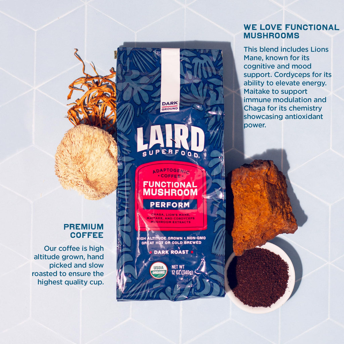 Ground Laird Superfood Peruvian Dark Roast in a bag ready for brewing