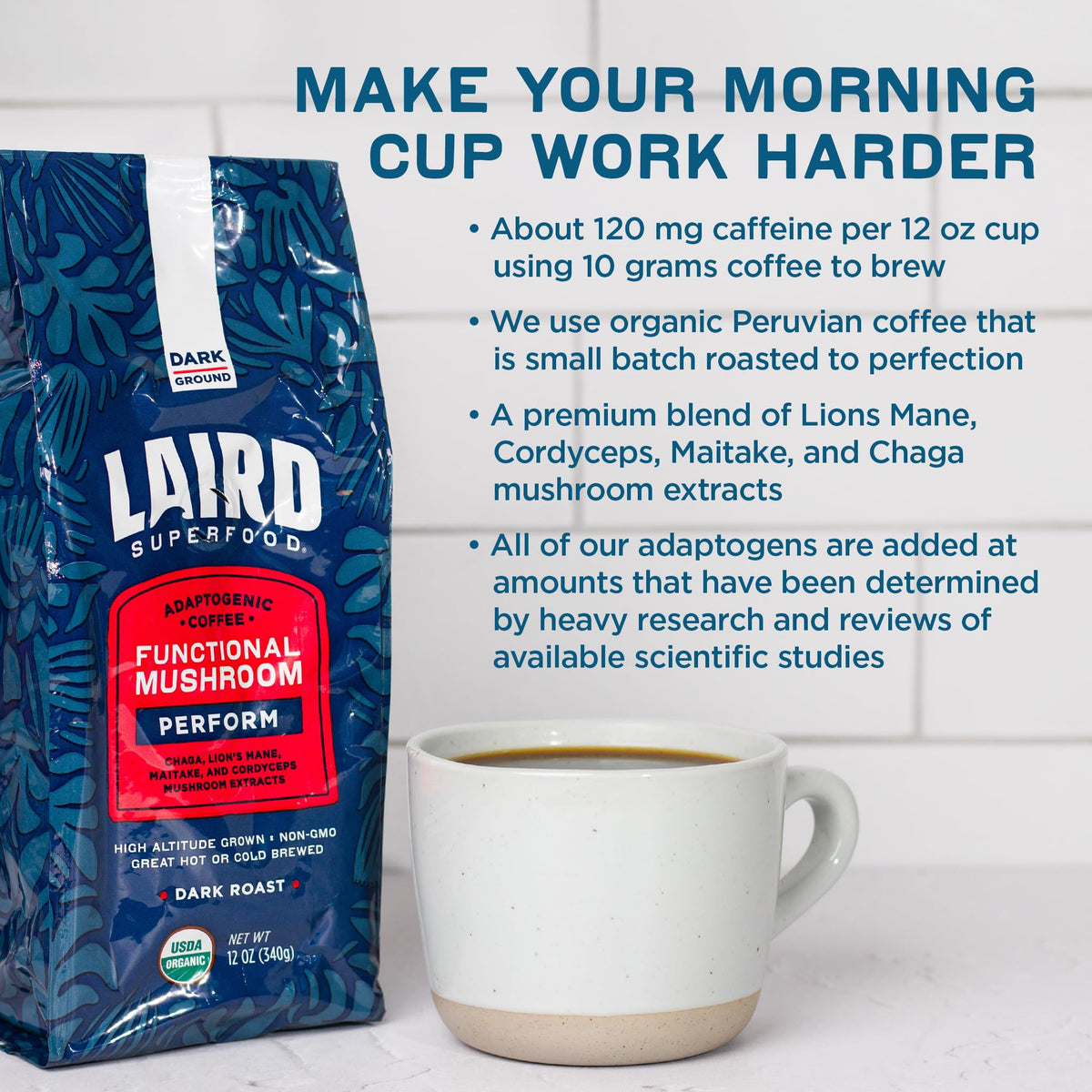 Packaging highlights organic, gluten-free, and dairy-free attributes of the coffee