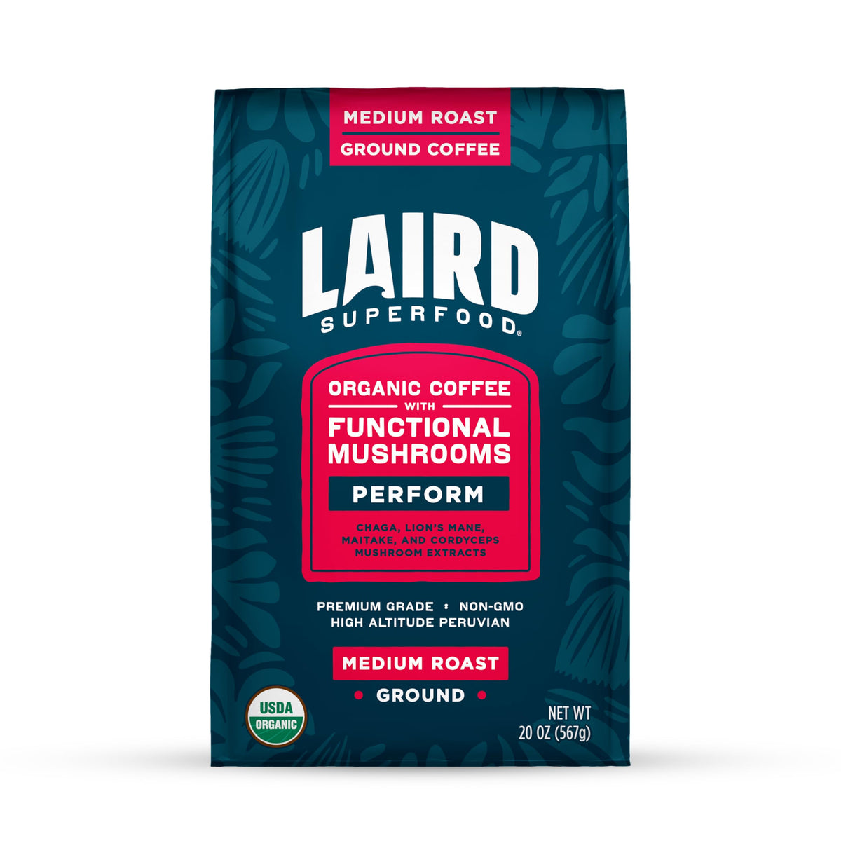 Laird Superfood Peruvian medium roast coffee with mushrooms, energizing mornings with mindful focus