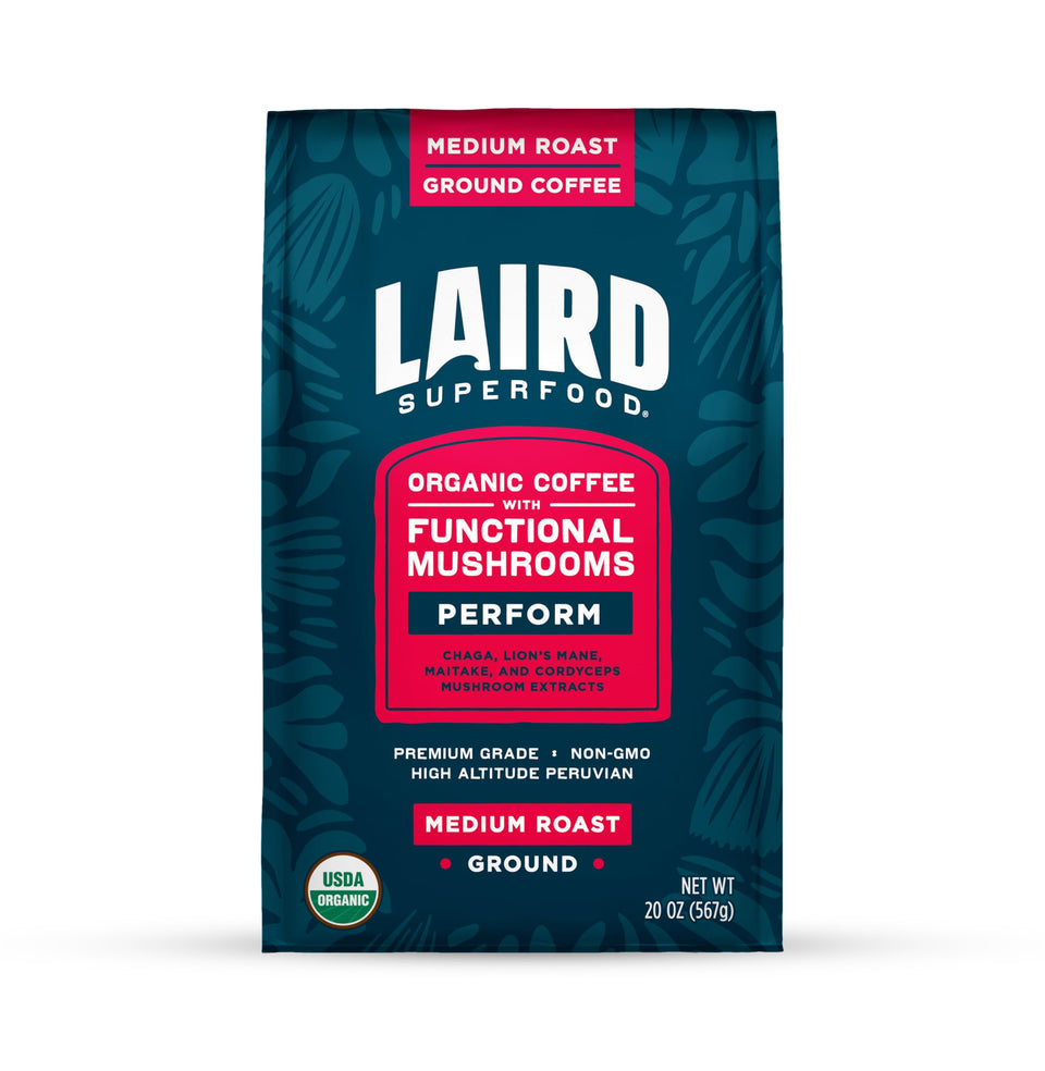 Laird Superfood Peruvian medium roast coffee with mushrooms, energizing mornings with mindful focus