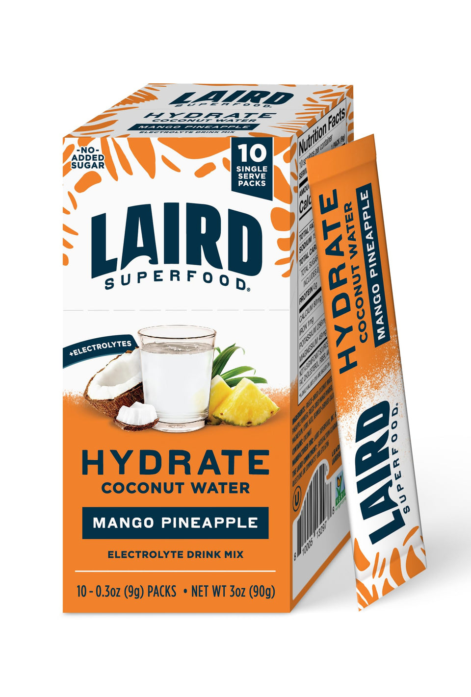 Laird Superfood Pineapple Mango Hydrate stick packaging highlights on-the-go hydration.