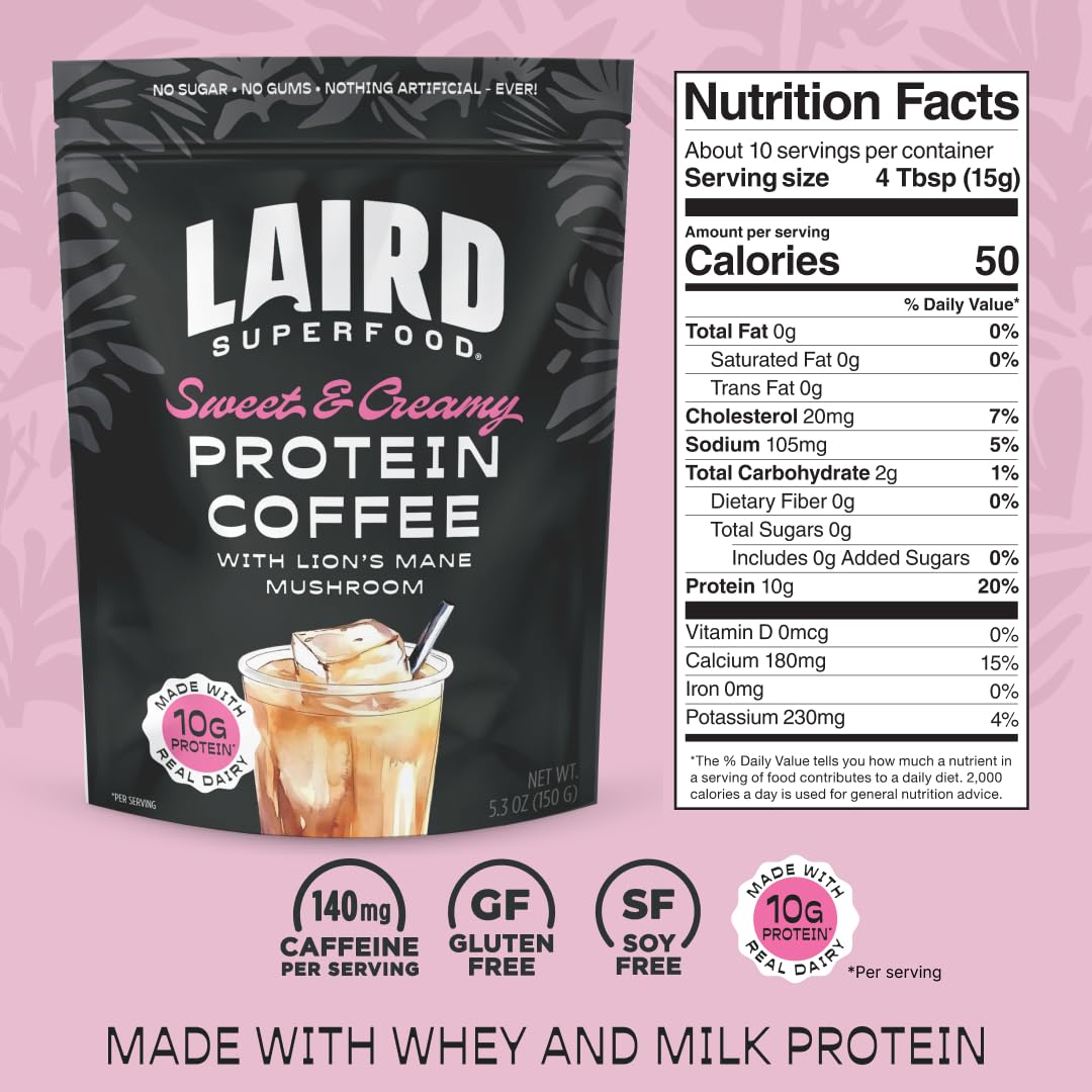 Laird Superfood Protein Coffee Powder tub close-up highlights Lion’s Mane addition.