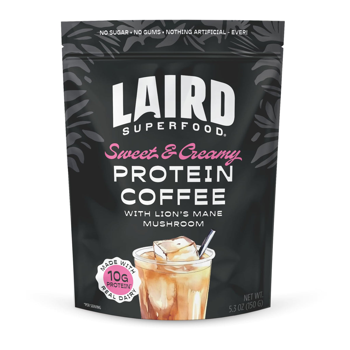 Laird Superfood Protein Coffee Powder tub front for rich, creamy coffee with 10g protein.