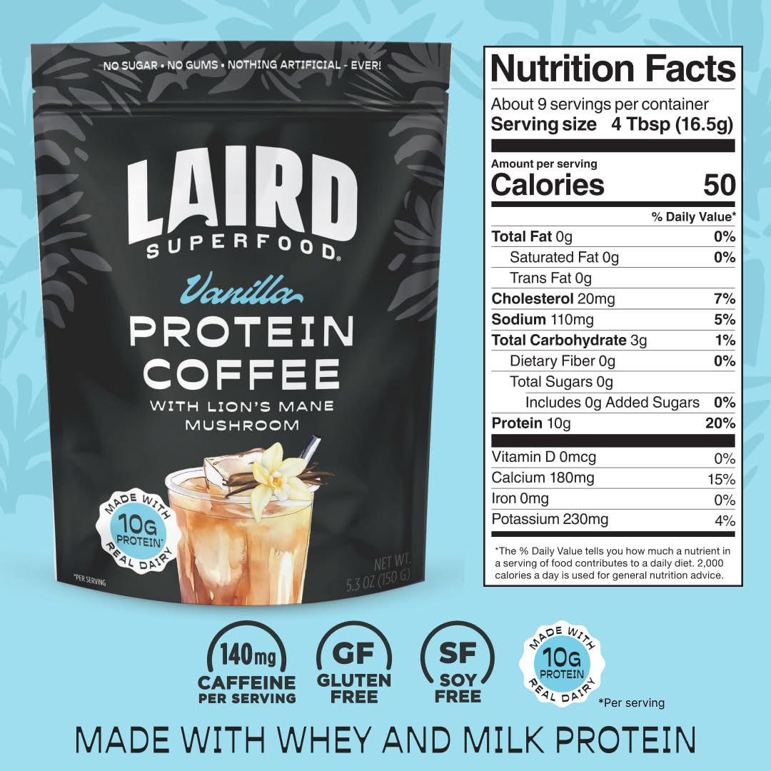Laird Superfood vanilla protein coffee mix poured over ice for quick caffeine boost