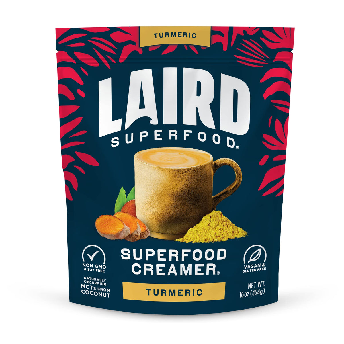 Front of Laird Superfood Turmeric Coconut Creamer bag, dairy-free for coffee.