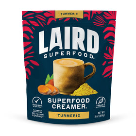 Front of Laird Superfood Turmeric Coconut Creamer bag, dairy-free for coffee.