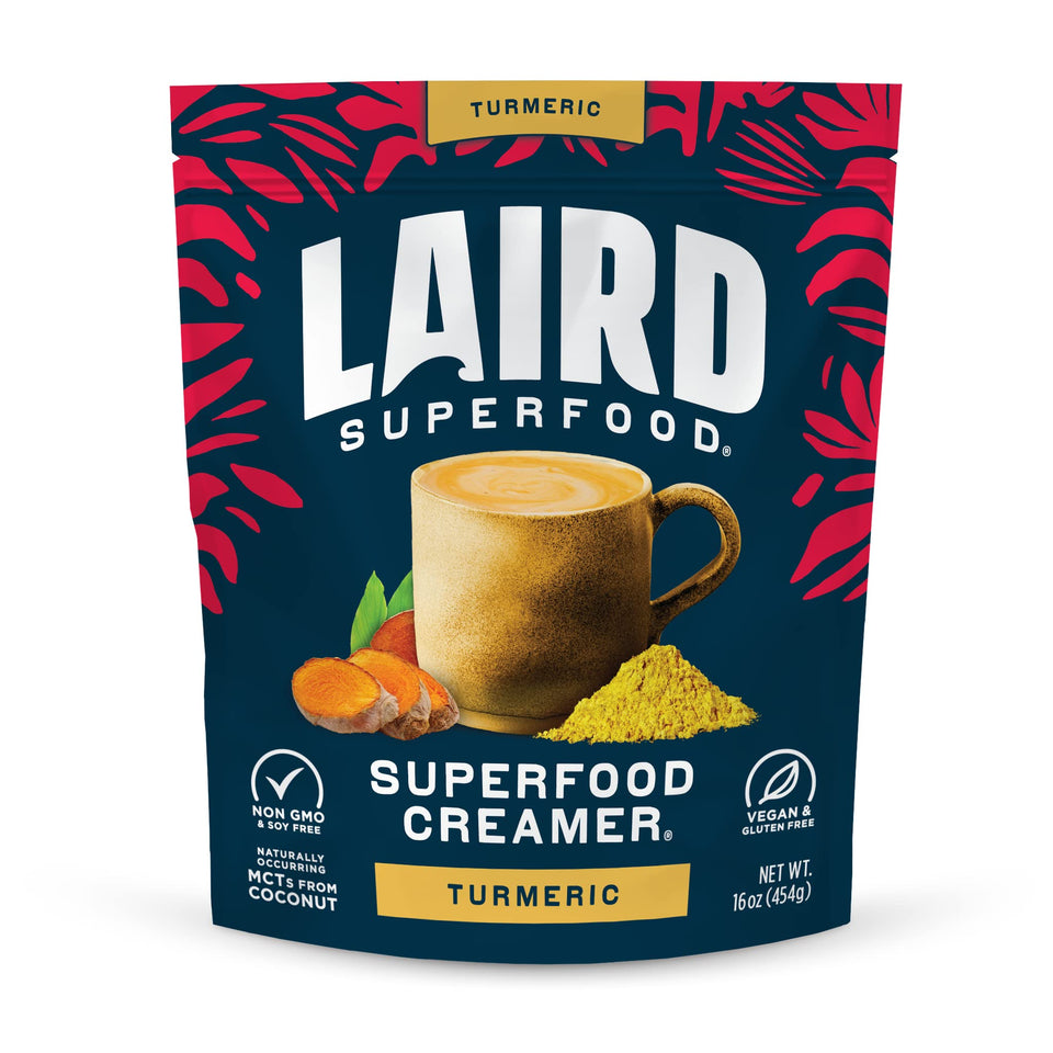 Front of Laird Superfood Turmeric Coconut Creamer bag, dairy-free for coffee.