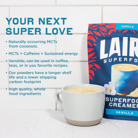 Laird Superfood Vanilla Coconut Powder ingredients label emphasizing plant-based, non-GMO