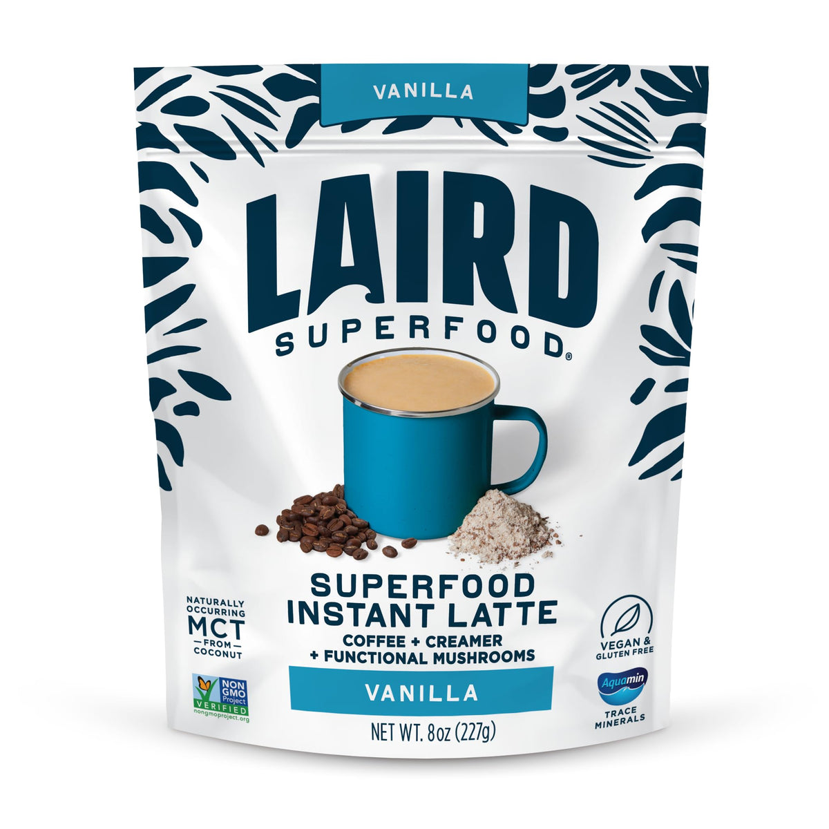 Laird Superfood Vanilla Instant Latte packaging with scoop for quick plant-based energy