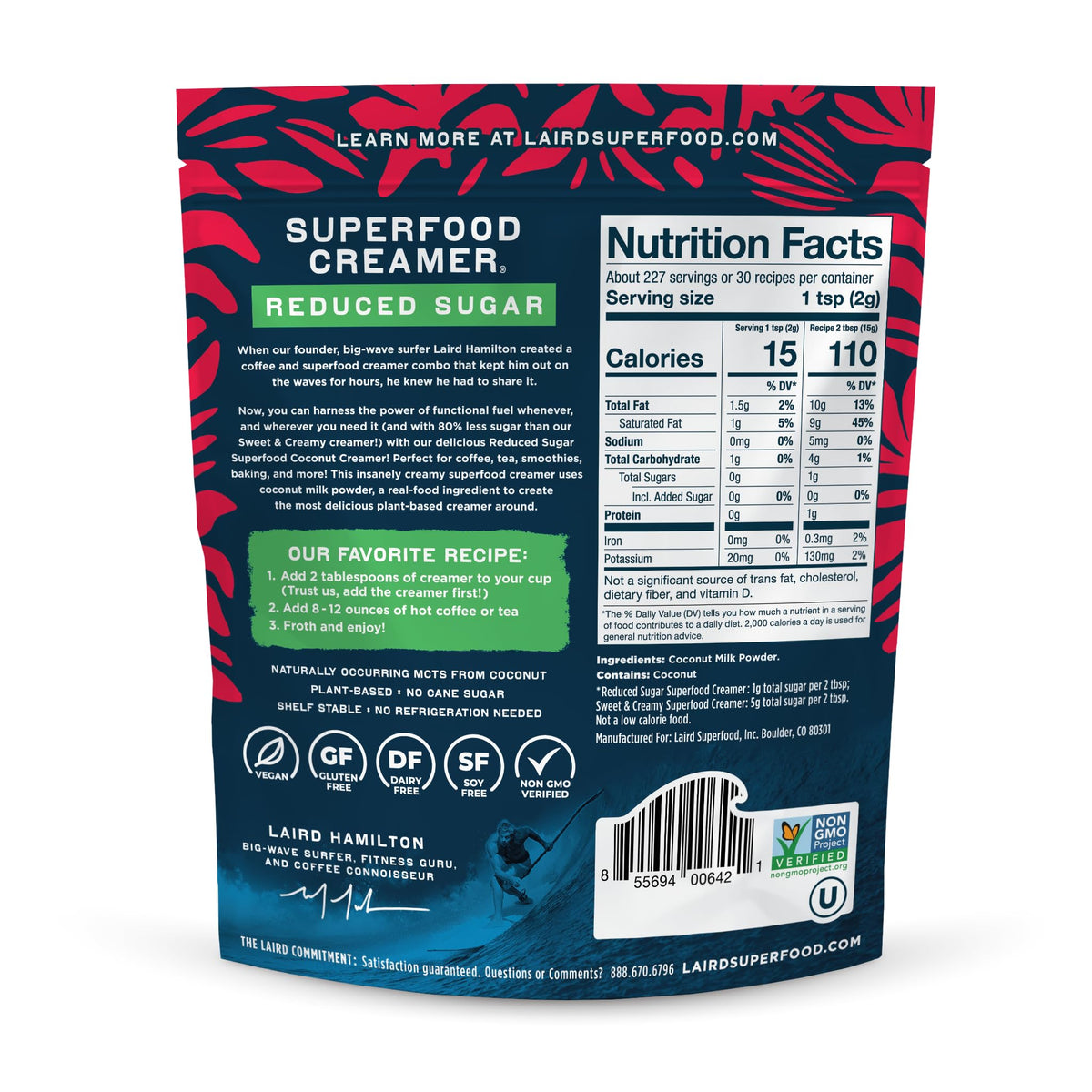 Laird Superfood vegan keto-friendly creamer with coconut milk powder enhances coffee flavor.