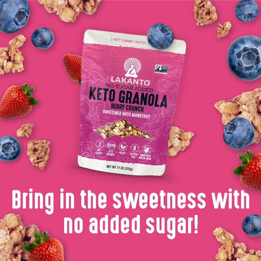 Lakanto Berry Crunch Granola ingredients like coconut and almonds showcased for wholesome crunch.