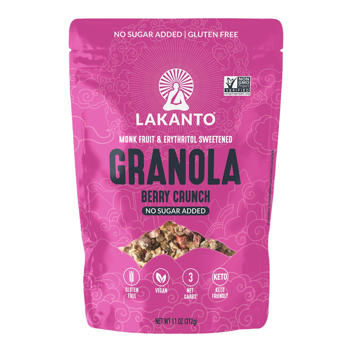 Lakanto Berry Crunch Granola packaging highlights keto-friendly, sugar-free formula for on-the-go meals.