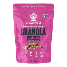 Lakanto Berry Crunch Granola packaging highlights keto-friendly, sugar-free formula for on-the-go meals.