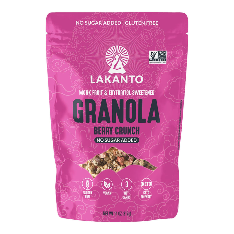 Lakanto Berry Crunch Granola packaging highlights keto-friendly, sugar-free formula for on-the-go meals.
