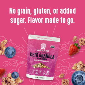 Lakanto Berry Crunch Granola parfait topping capturing layered yogurt and fruit goodness.