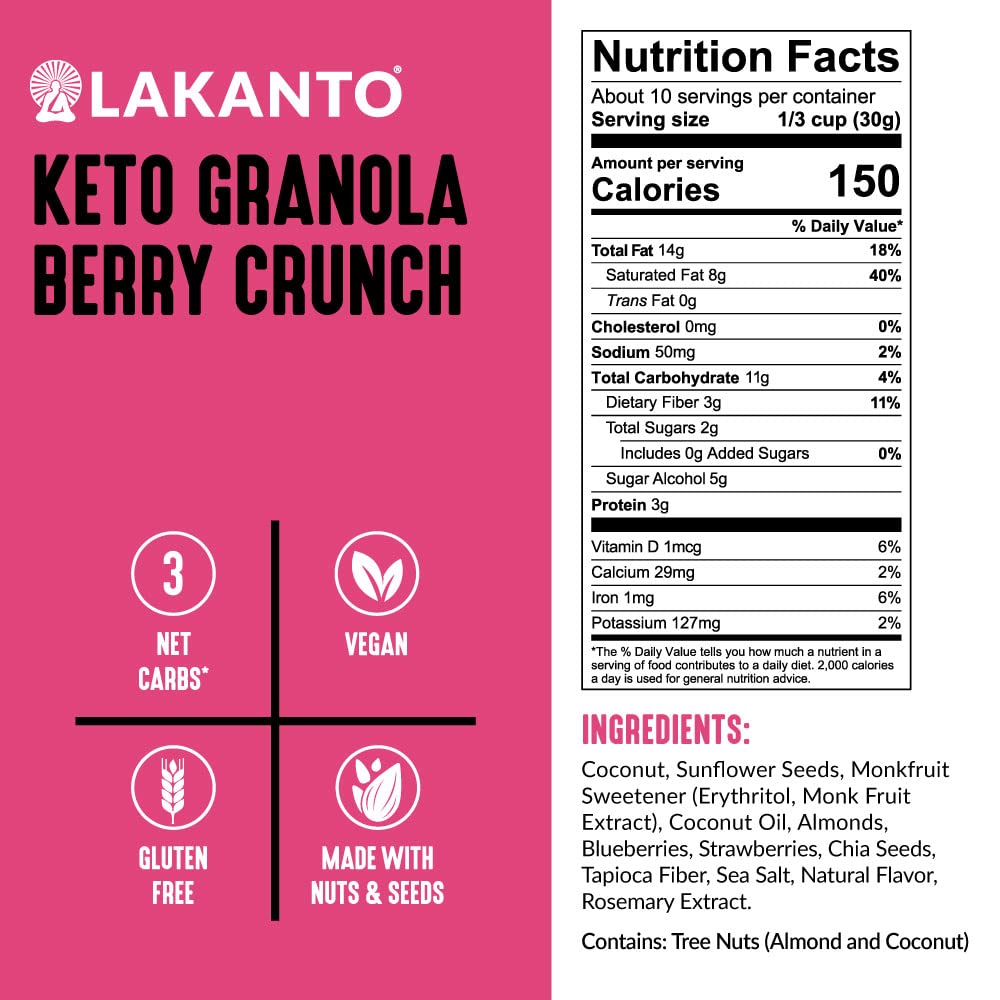 Lakanto Berry Crunch Granola spoon closeup highlighting coconut and almonds for texture.