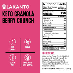 Lakanto Berry Crunch Granola spoon closeup highlighting coconut and almonds for texture.
