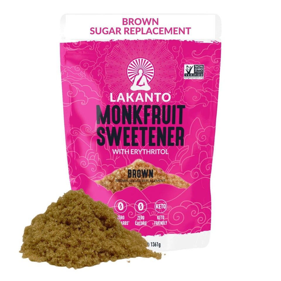 Lakanto Brown Monk Fruit Sweetener with Erythritol bottle, zero-calorie sugar substitute for baking and coffee