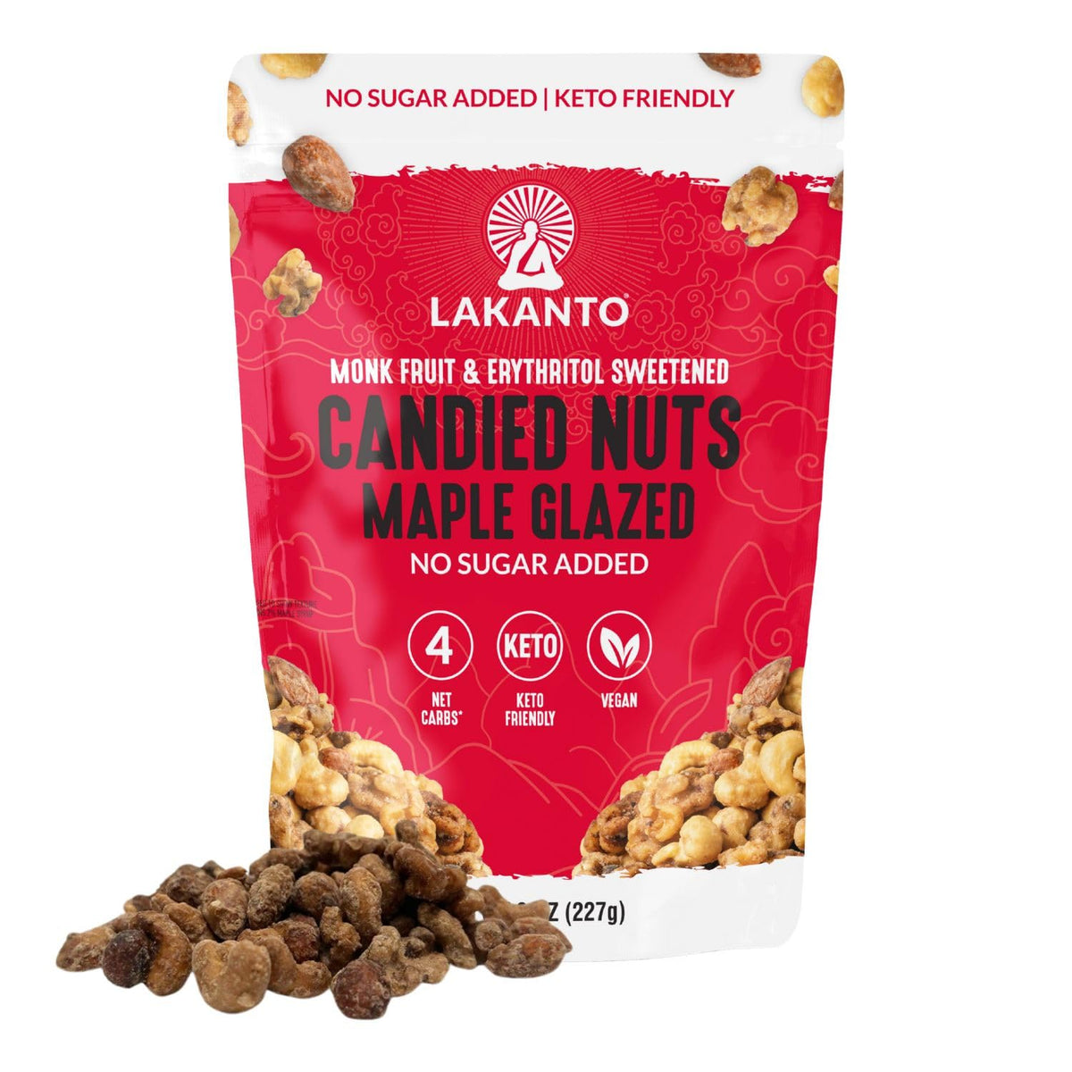 Lakanto Candied Nuts Maple Glazed bottle front shows no sugar added for keto-friendly snacking