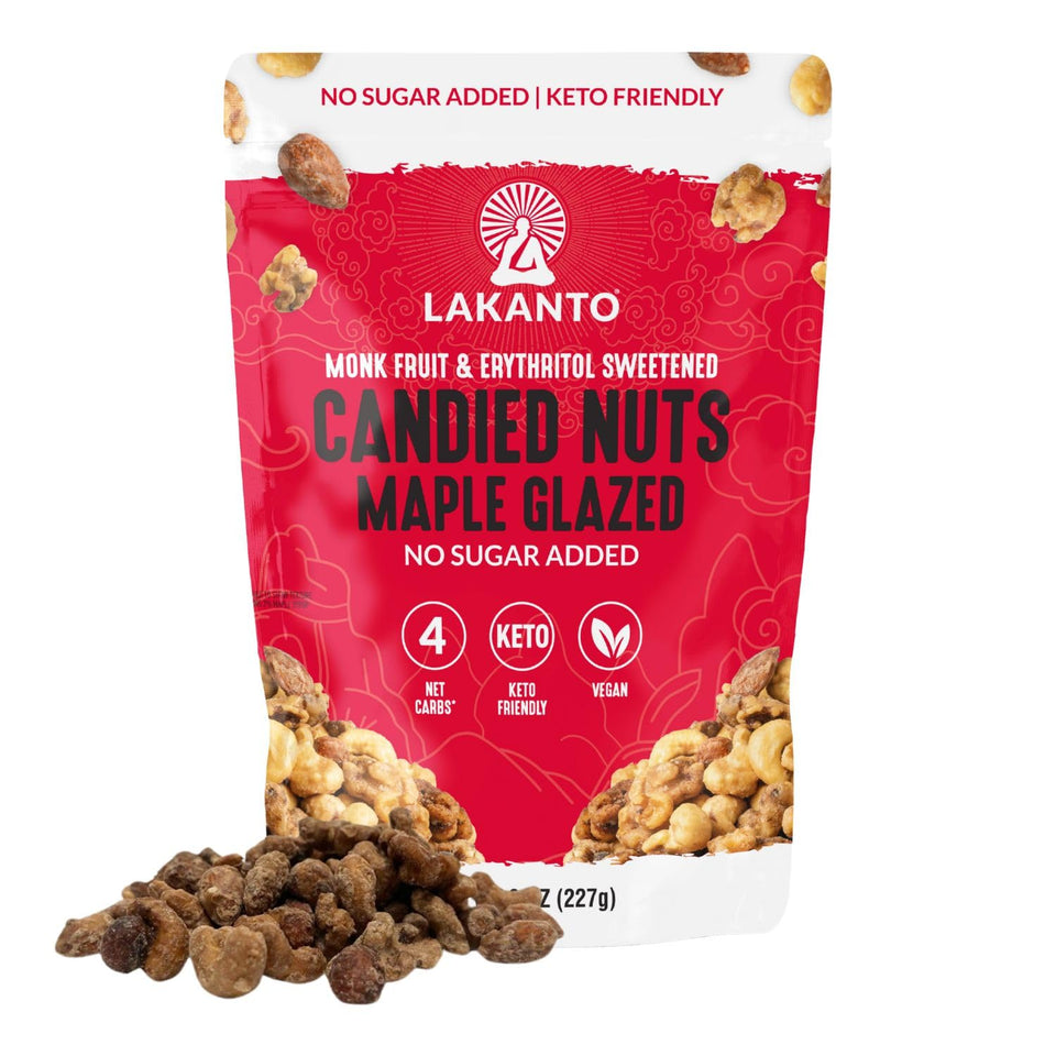 Lakanto Candied Nuts Maple Glazed bottle front shows no sugar added for keto-friendly snacking