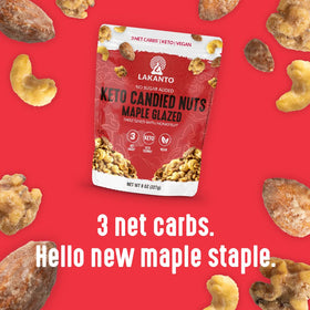 Lakanto Candied Nuts Maple Glazed closeup shows glossy coating and roasted aroma