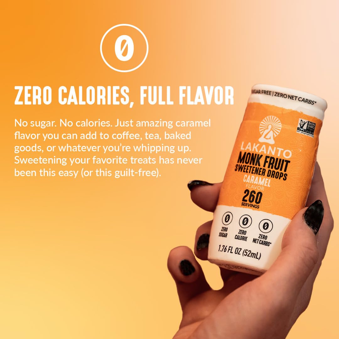 Lakanto Caramel Monk Fruit Drops labeled keto-friendly and vegan