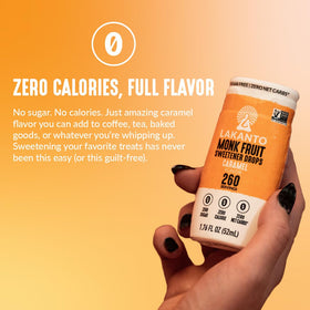 Lakanto Caramel Monk Fruit Drops labeled keto-friendly and vegan