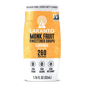 Lakanto Caramel Monk Fruit Drops pouring into a drink showing caramel flavor without sugar