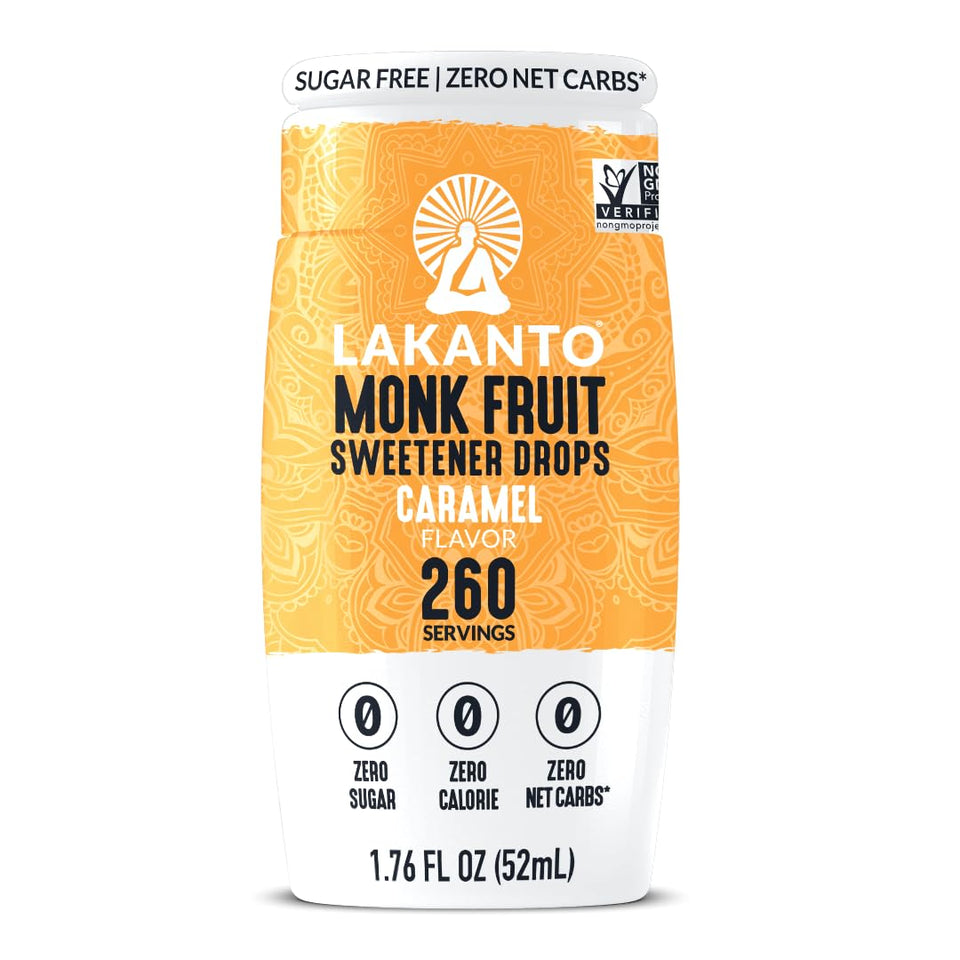 Lakanto Caramel Monk Fruit Drops pouring into a drink showing caramel flavor without sugar