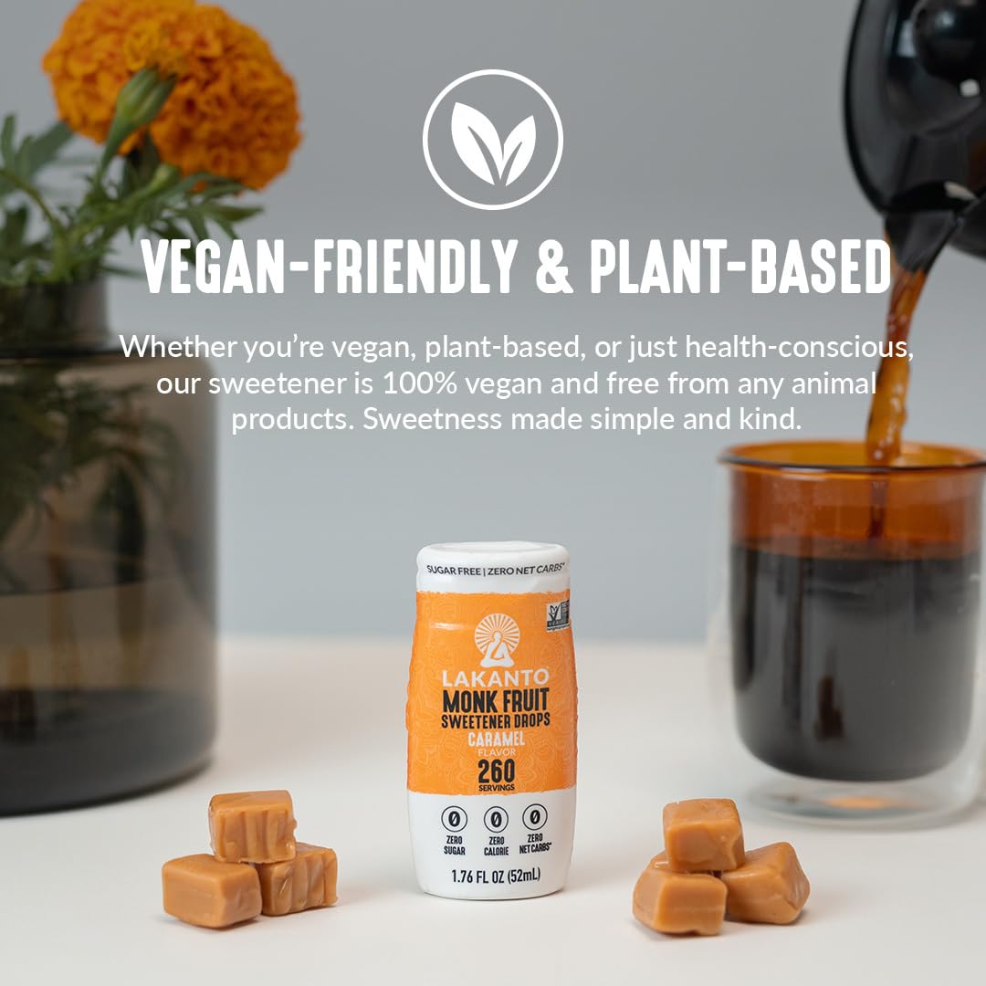 Lakanto Caramel Monk Fruit Drops stirred into tea for a smooth caramel lift