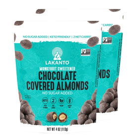Lakanto Chocolate Covered Almonds with dark chocolate and sea salt, keto-friendly indulgence.