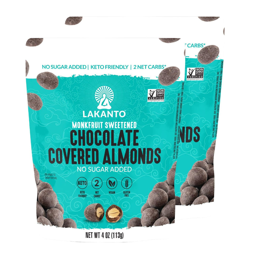 Lakanto Chocolate Covered Almonds with dark chocolate and sea salt, keto-friendly indulgence.