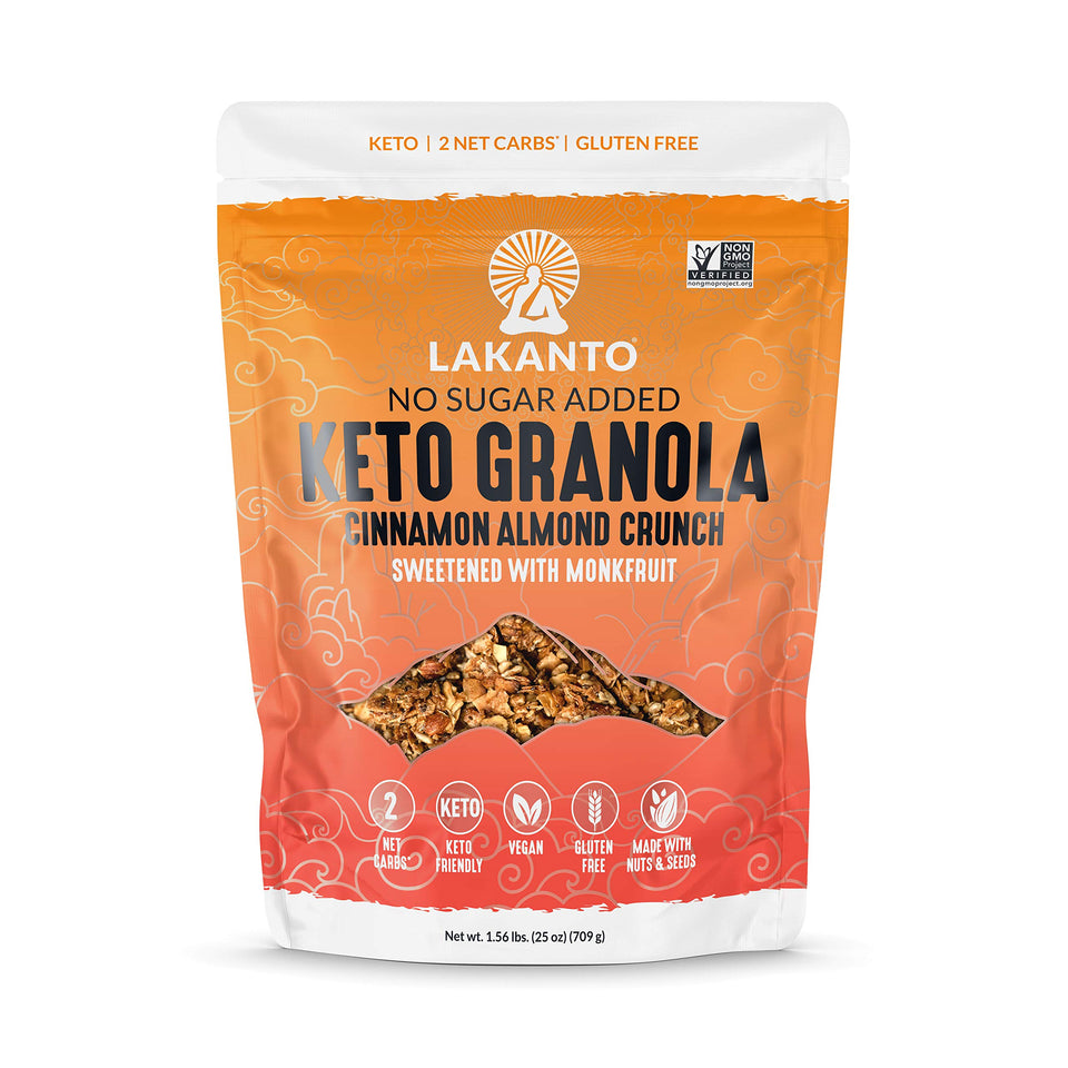 Lakanto Cinnamon Almond Crunch Granola bag on countertop, keto-friendly breakfast option.
