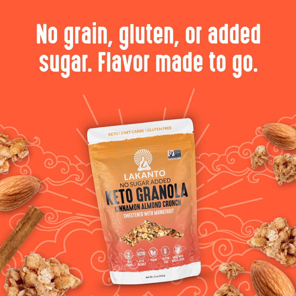 Gluten-free and grain-free Lakanto Cinnamon Almond Crunch Granola delivers satisfying crunch.