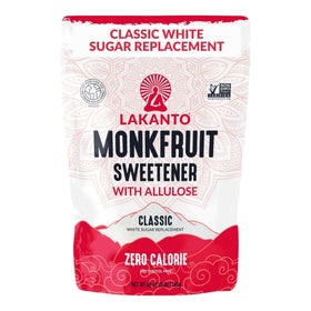 Lakanto Classic Monk Fruit Sweetener bag showing zero calorie sweetness.