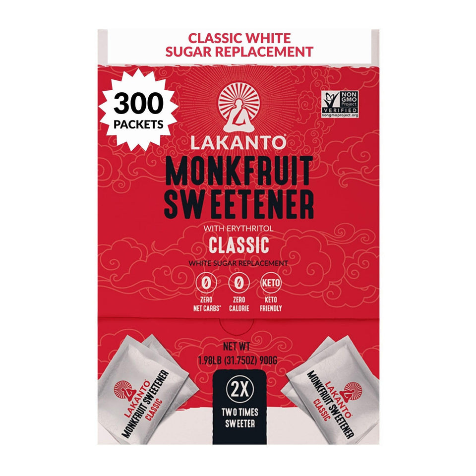 Lakanto Classic Monk Fruit packets in a box for on-the-go sweetness.