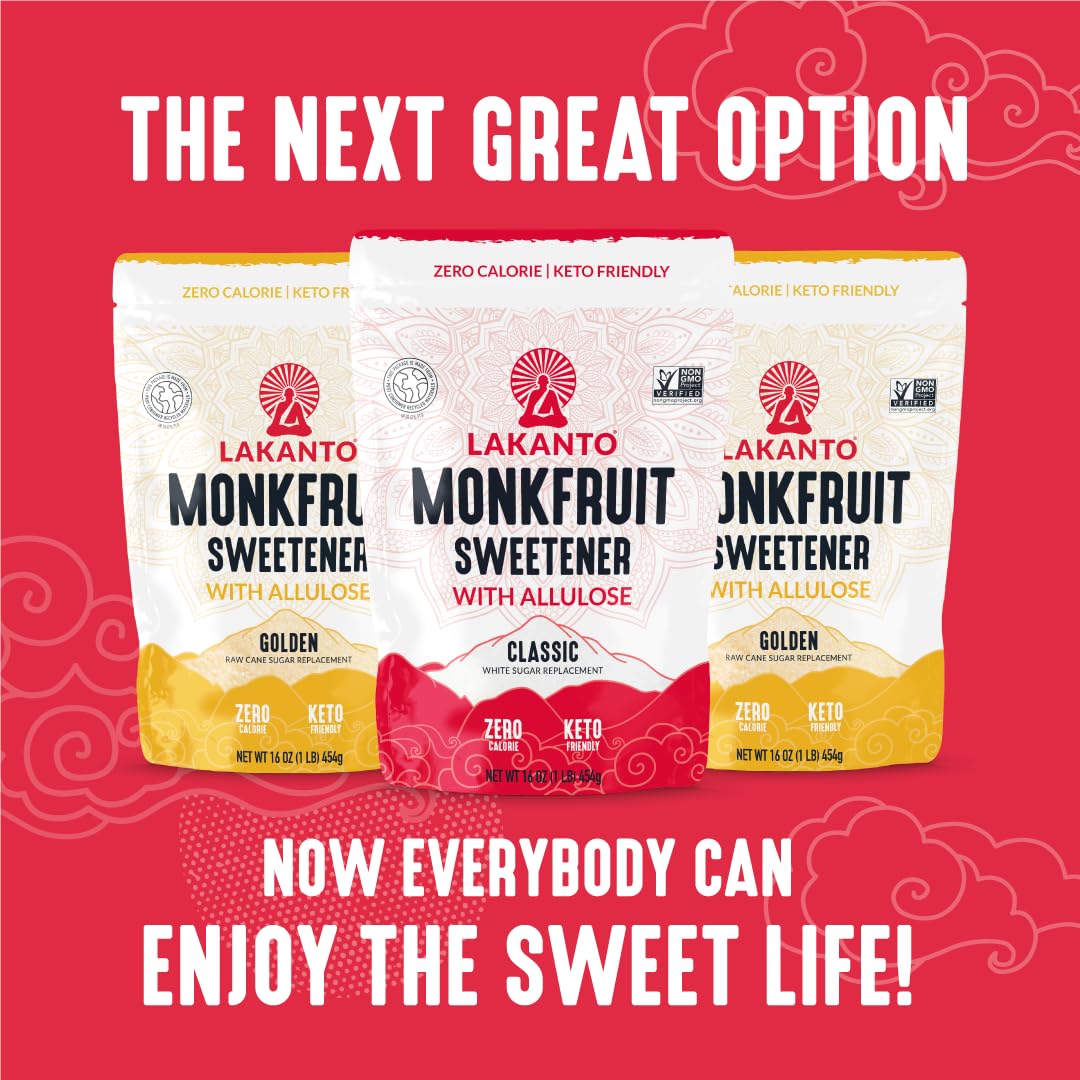 Gluten-free, non-GMO Lakanto badge signals keto compatibility.